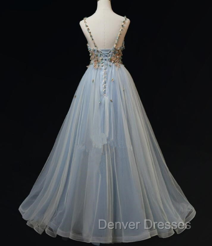 Blue Tulle with Flowers Straps Long Evening Dress, Blue Prom Party Dress