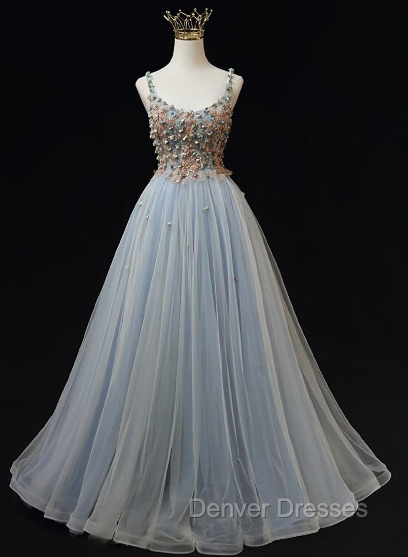 Blue Tulle with Flowers Straps Long Evening Dress, Blue Prom Party Dress Main image