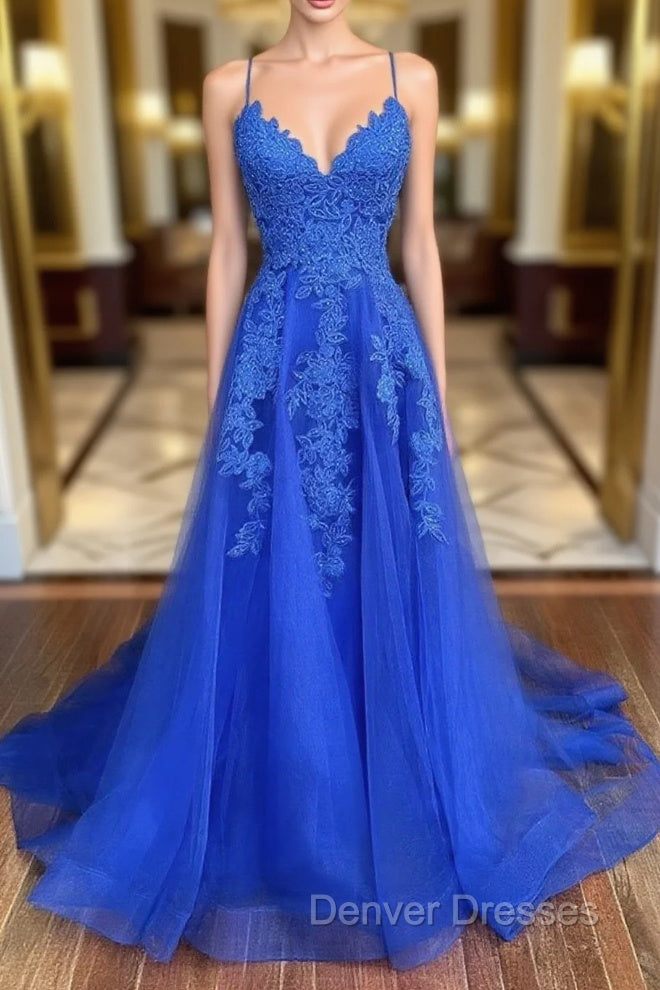 Blue Tulle with Lace A-line Floor Length Party Dress Blue Junior Prom Dress prom Dress shops Main image