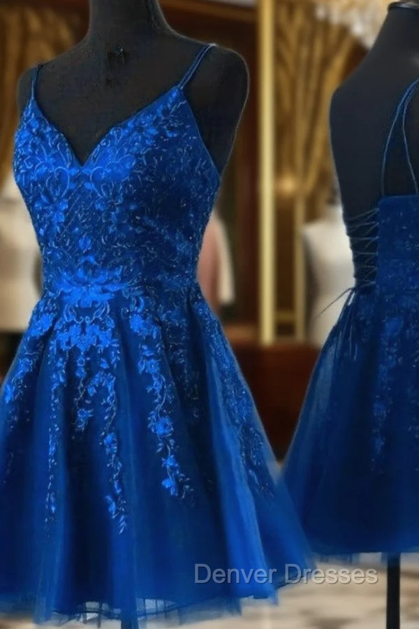 Blue Tulle with Lace Straps Short Homecoming Dress, V-neckline Blue Prom Dress