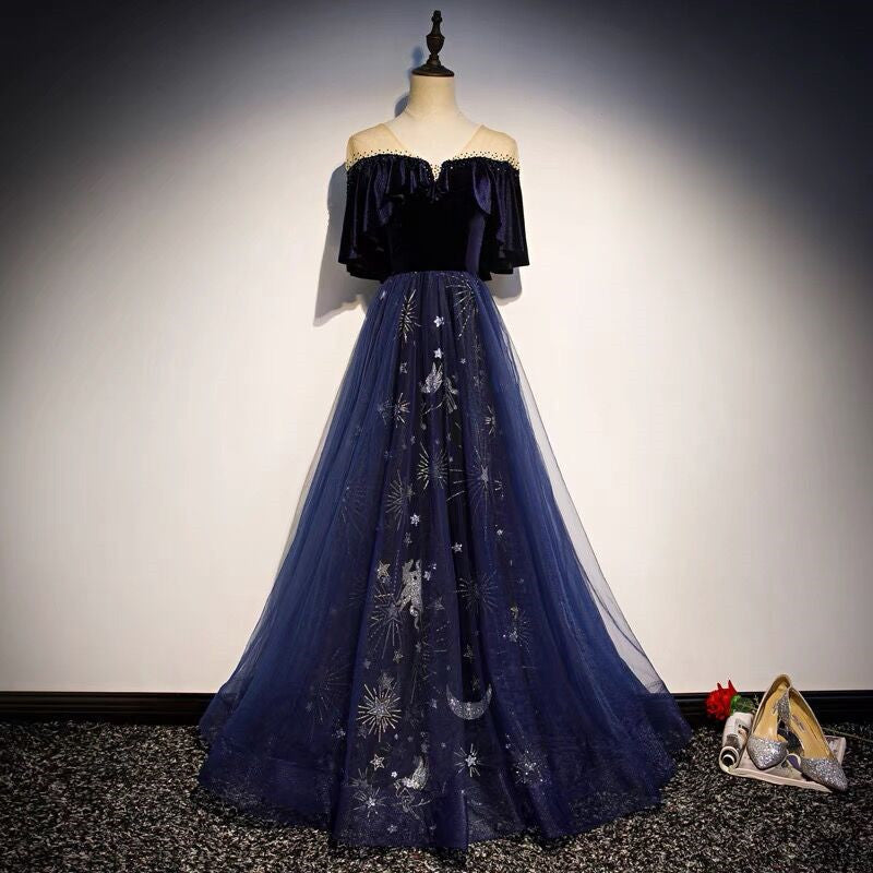 Blue Tulle With Velvet Long Party Dress, A-Line Off Shoulder Formal Dress Prom Dress