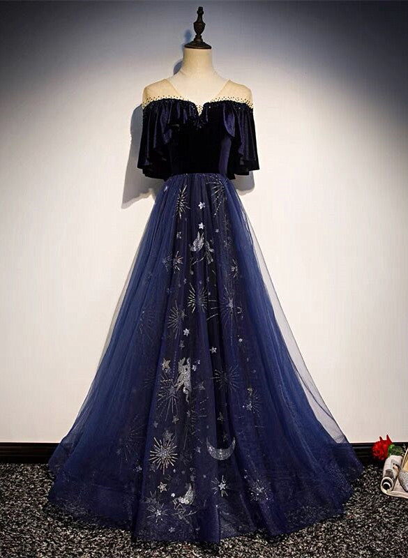 Blue Tulle With Velvet Long Party Dress, A-Line Off Shoulder Formal Dress Prom Dress Main image