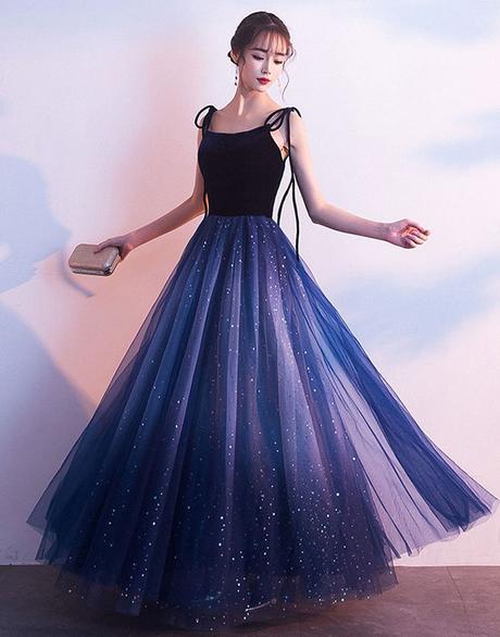 Blue Tulle With Velvet Straps Long Party Dress, Gorgeous Formal Gown
