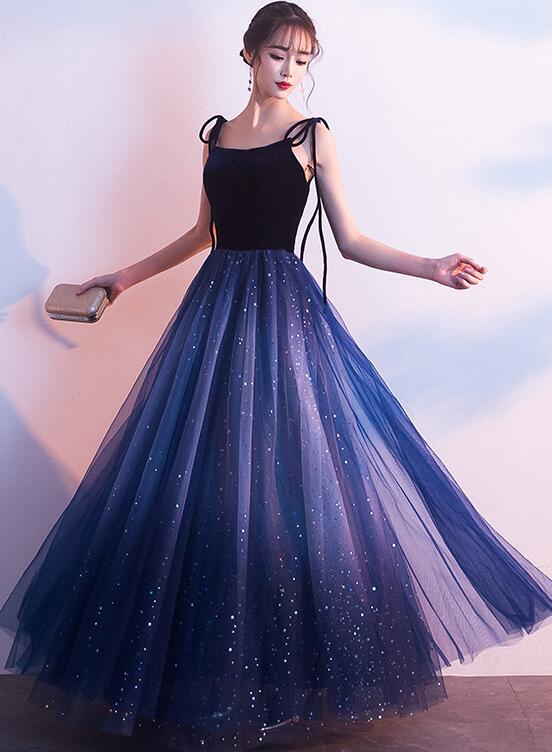 Blue Tulle With Velvet Straps Long Party Dress, Gorgeous Formal Gown