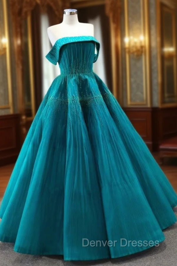 Blue Tullle Strapless Pleats Beading Prom Dress Main image