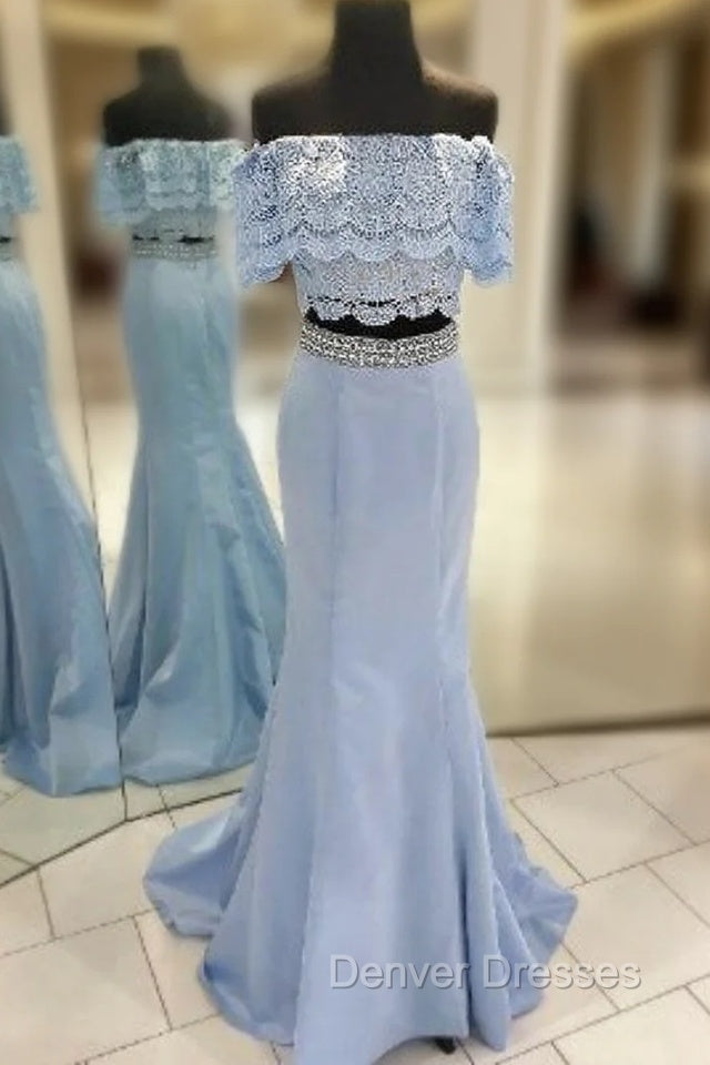 Blue Two-Piece Off-the-Shoulder Lace Mermaid Long Prom Dress