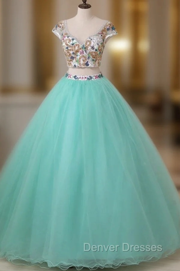 Blue Two Piece Tulle Backless Cap Sleeve Quinceanera Dress Main image