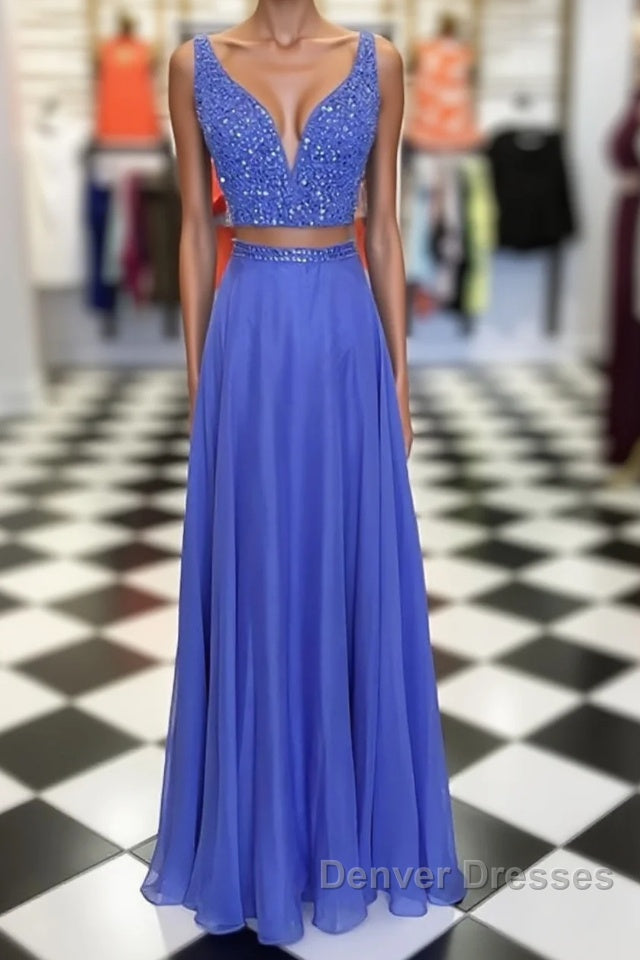 Blue two pieces beads long prom Dress, blue evening Dress Main image