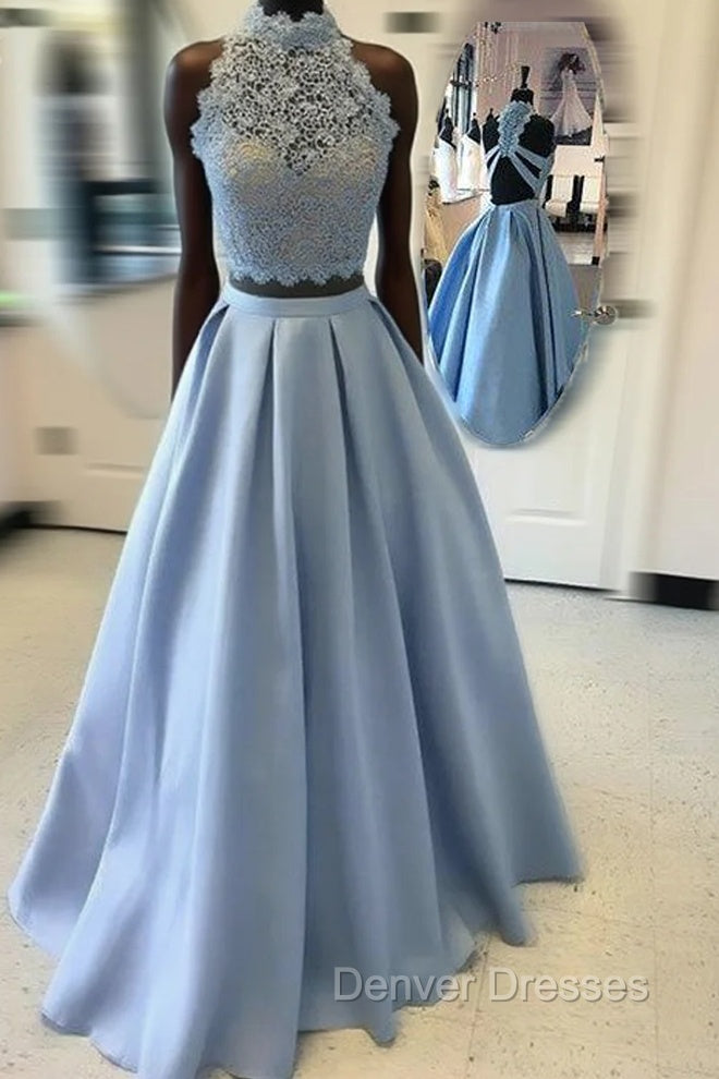 Blue Two Pieces Lace Long Prom Dress, Blue Lace Evening Dress