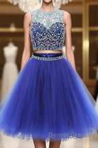 Blue two pieces tulle sequin beads short prom Dress, blue homecoming