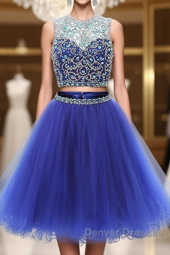 Blue two pieces tulle sequin beads short prom Dress, blue homecoming Main image