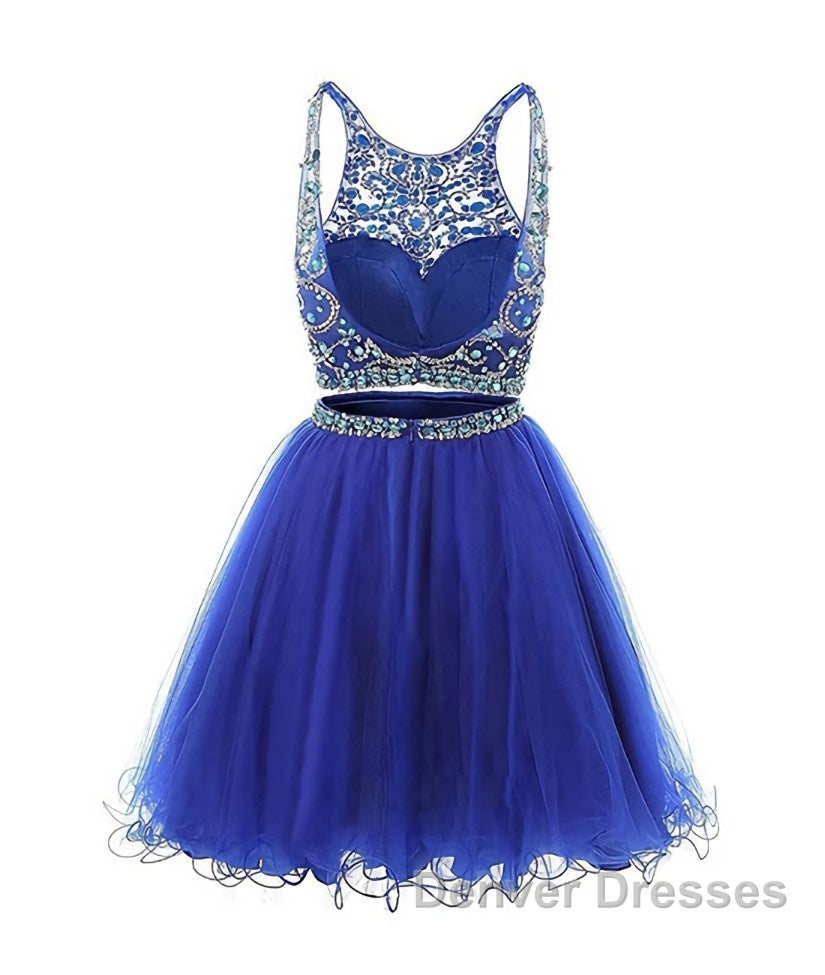Blue two pieces tulle sequin beads short prom Dress, blue homecoming