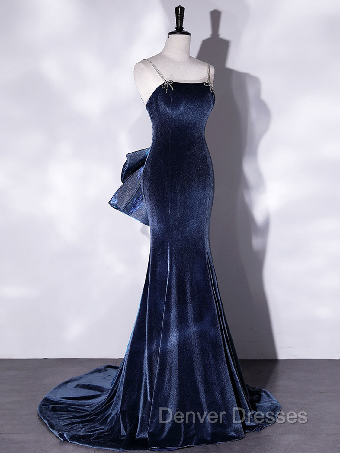 Blue Unique Mermaid Velvet Long Prom Dress, Velvet Formal Evening Dress