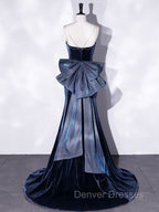 Blue Unique Mermaid Velvet Long Prom Dress, Velvet Formal Evening Dress
