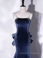 Blue Unique Mermaid Velvet Long Prom Dress, Velvet Formal Evening Dress