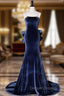 Blue Unique Mermaid Velvet Long Prom Dress, Velvet Formal Evening Dress