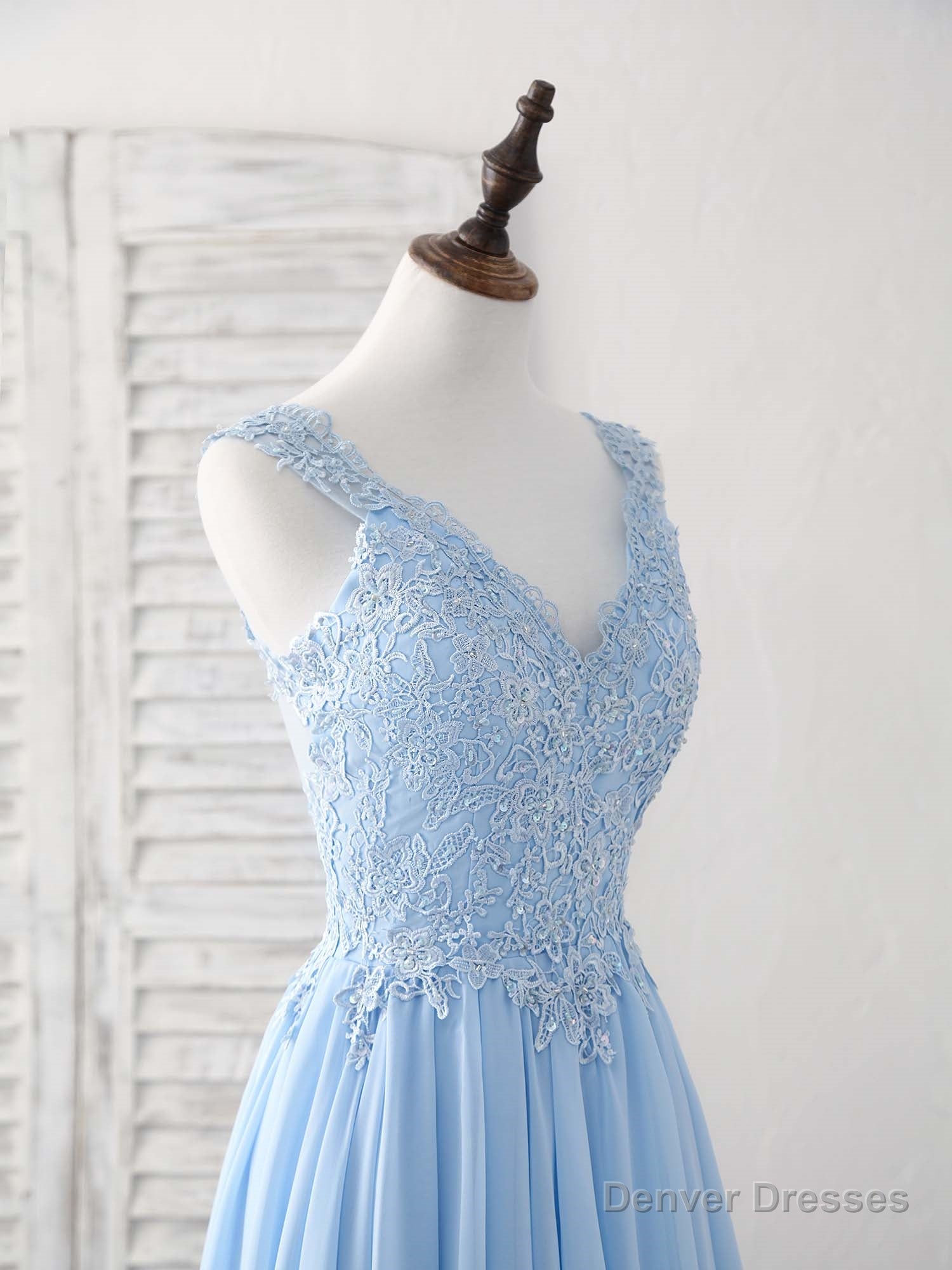 Blue V Neck Applique Chiffon Long Prom Dress Lace Bridesmaid Dress