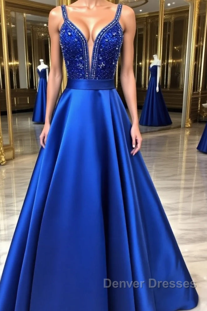 Blue v neck beads satin long prom Dress, blue evening Dress Main image