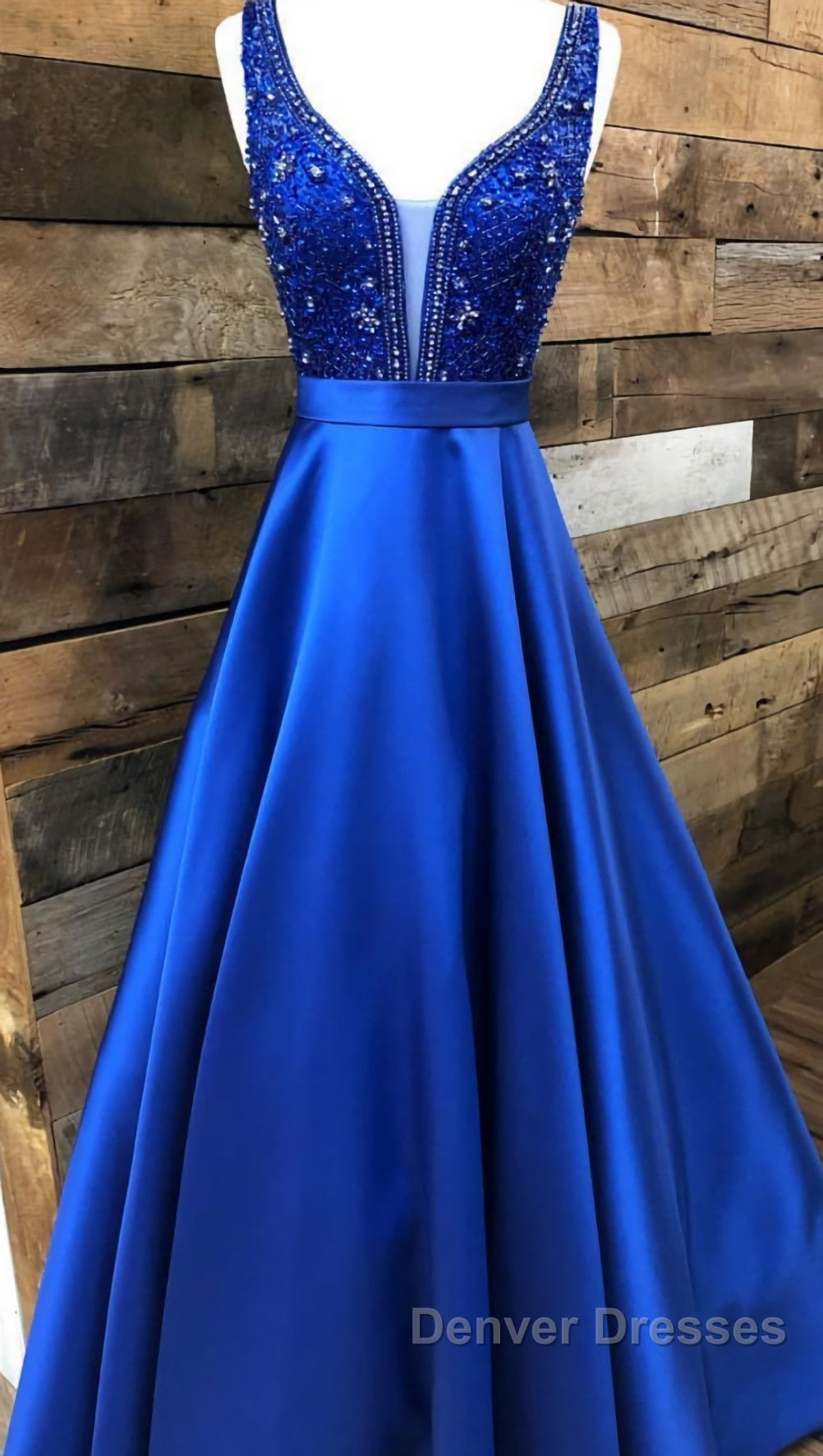 Blue v neck beads satin long prom Dress, blue evening Dress