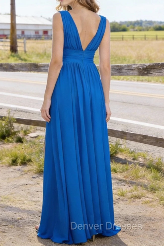 Blue V Neck Chiffon Floor Length Bridesmaid Dresses Long Bridesmaid Dress With Pleated Split Secondary image