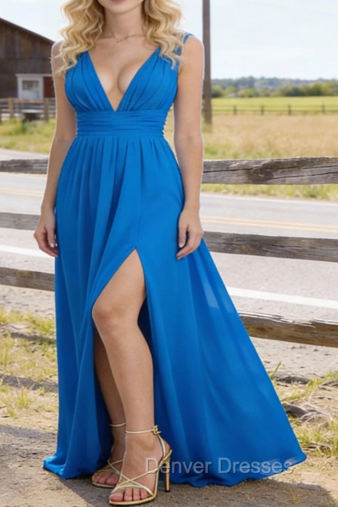 Blue V Neck Chiffon Floor Length Bridesmaid Dresses Long Bridesmaid Dress With Pleated Split