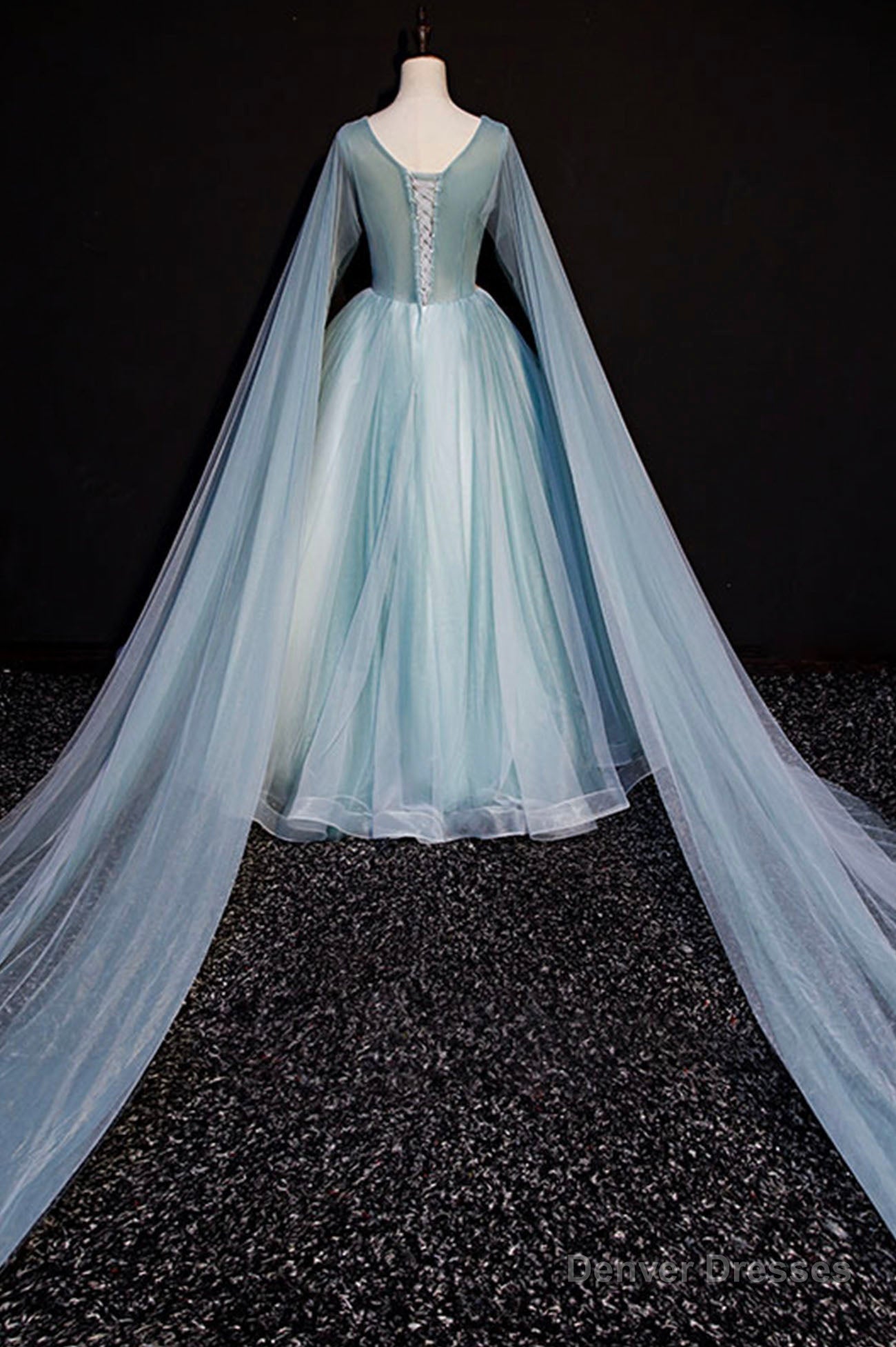 Blue V-Neck Lace Long Prom Dress, Blue A-Line Formal Evening Dress Main image