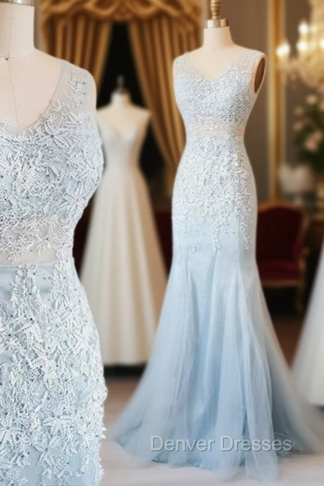 Blue V Neck Lace Tulle Long Prom Dress, Blue Lace Evening Dress For Teens Main image