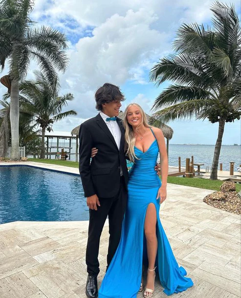 Blue V Neck Mermaid Long Prom Dress With Split