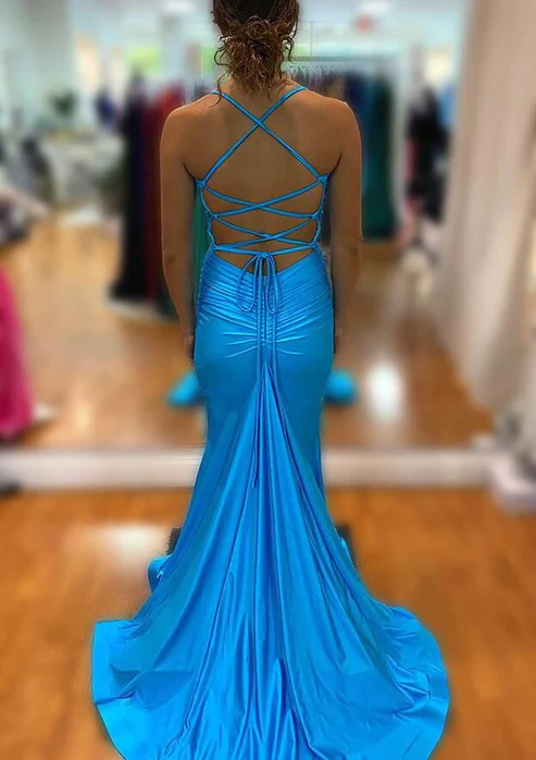 Blue V Neck Mermaid Long Prom Dress With Split