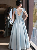 Blue V Neck Satin Beads Long Prom Dress, Blue Evening Dress