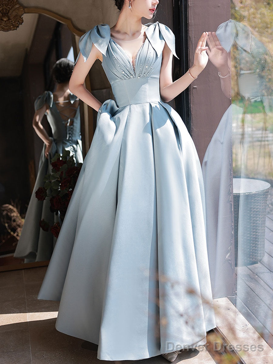 Blue V Neck Satin Beads Long Prom Dress, Blue Evening Dress