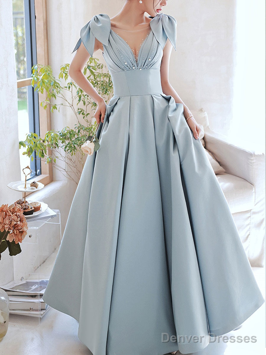 Blue V Neck Satin Beads Long Prom Dress, Blue Evening Dress Main image