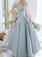 Blue V Neck Satin Beads Long Prom Dress, Blue Evening Dress