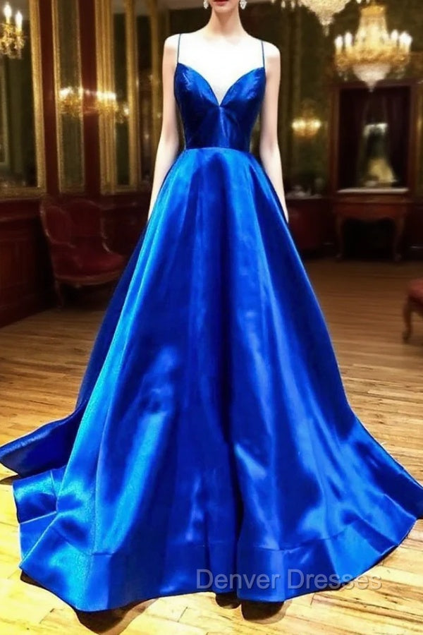 Blue V-Neck Satin Long Evening Dress, A-Line Backless Prom Dress Main image