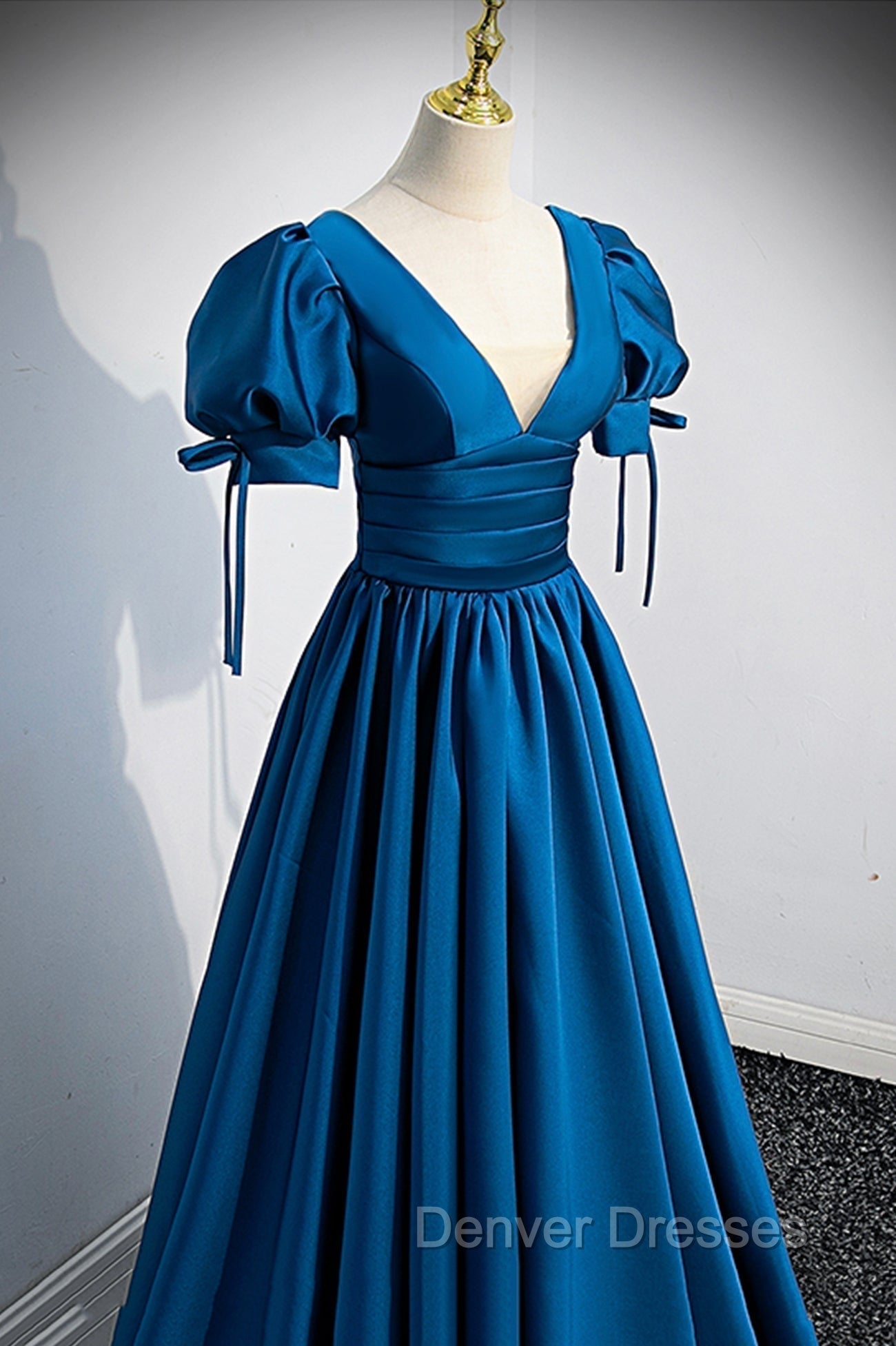 Blue V-Neck Satin Long Prom Dress, A-Line Short Sleeve Evening Dress Secondary image