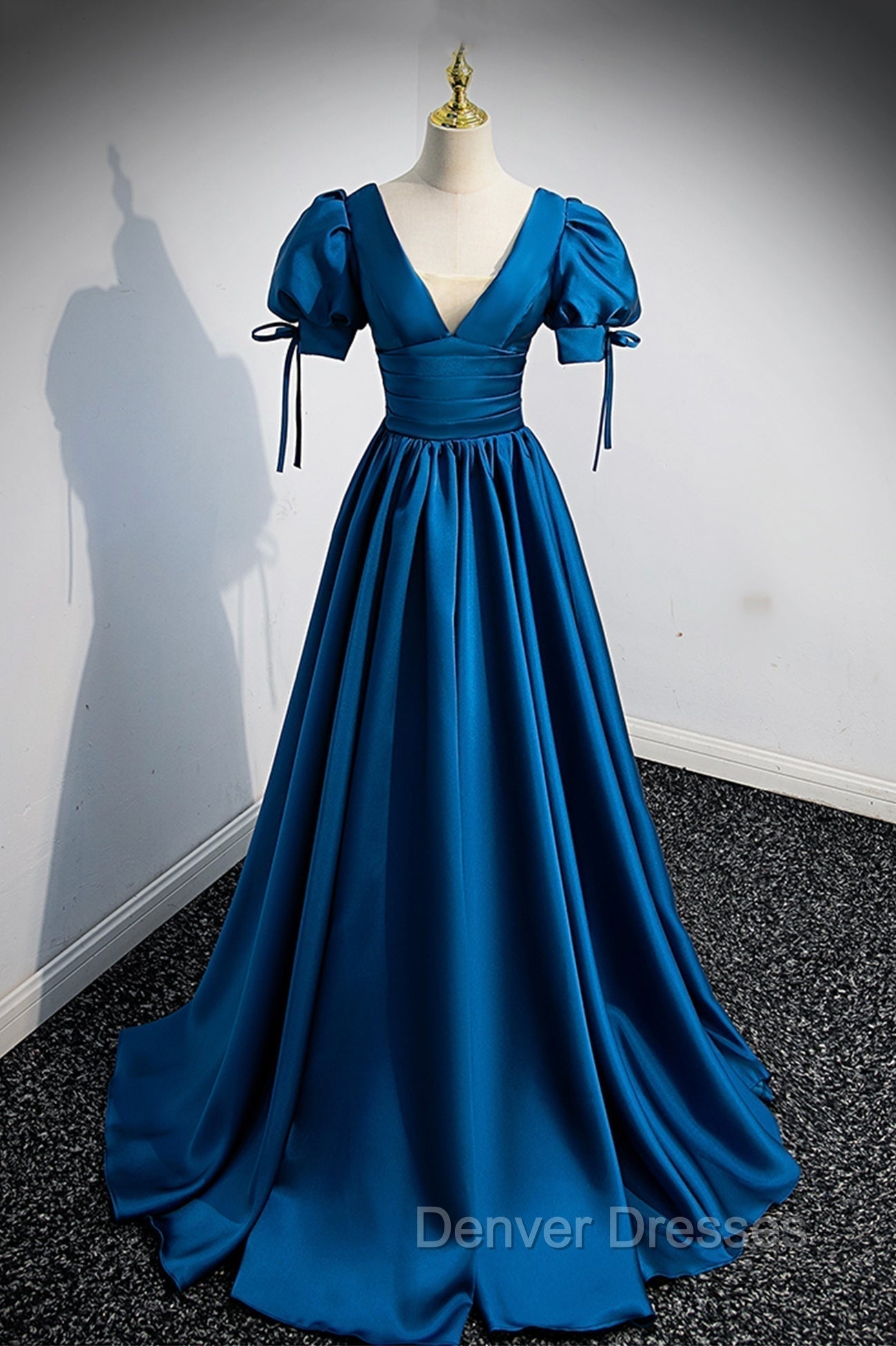 Blue V-Neck Satin Long Prom Dress, A-Line Short Sleeve Evening Dress Main image
