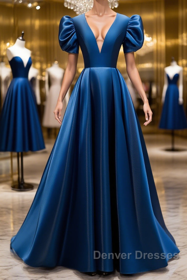 Blue v neck satin long prom Dress blue satin evening Dress