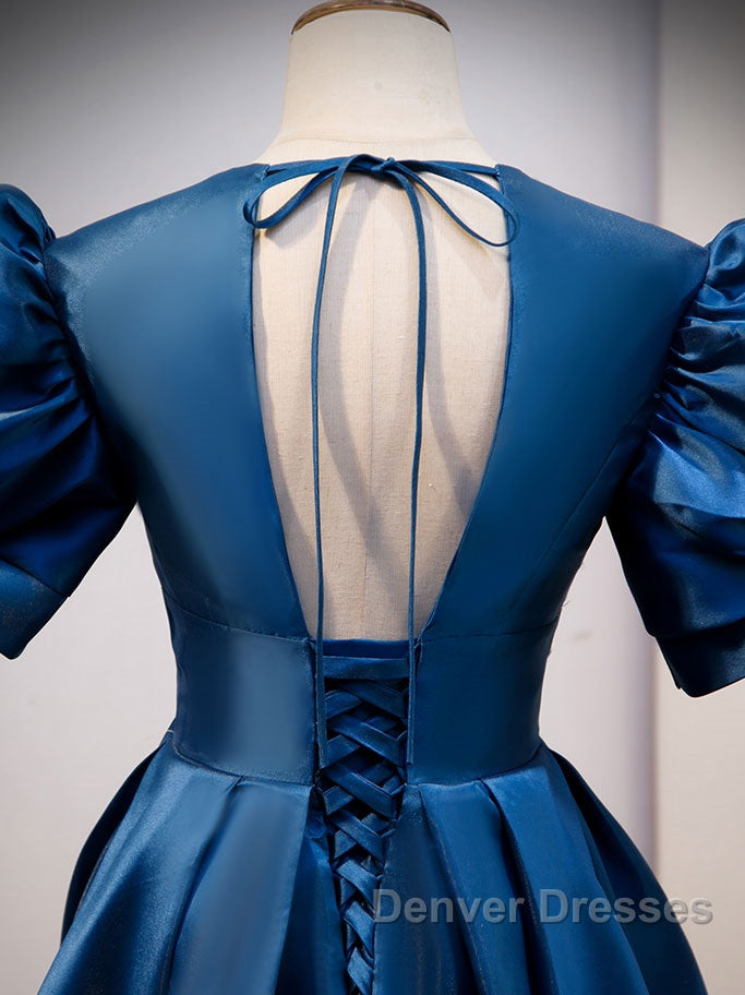 Blue v neck satin long prom Dress blue satin evening Dress