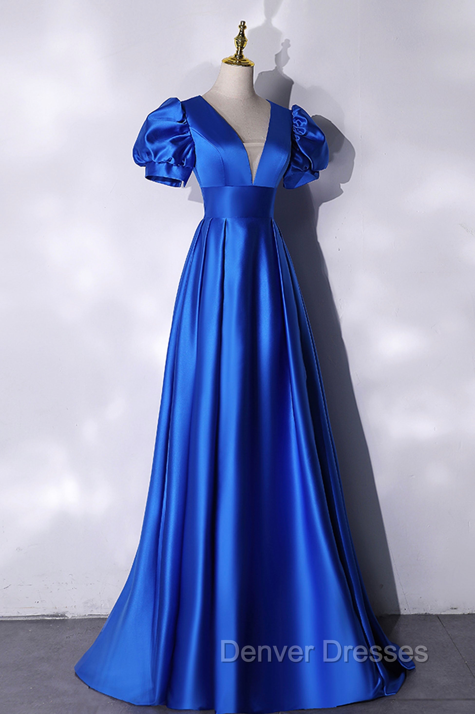Blue V-Neck Satin Long Prom Dress, Simple Blue Evening Party Dress Secondary image