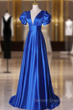 Blue V-Neck Satin Long Prom Dress, Simple Blue Evening Party Dress