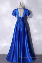 Blue V-Neck Satin Long Prom Dress, Simple Blue Evening Party Dress
