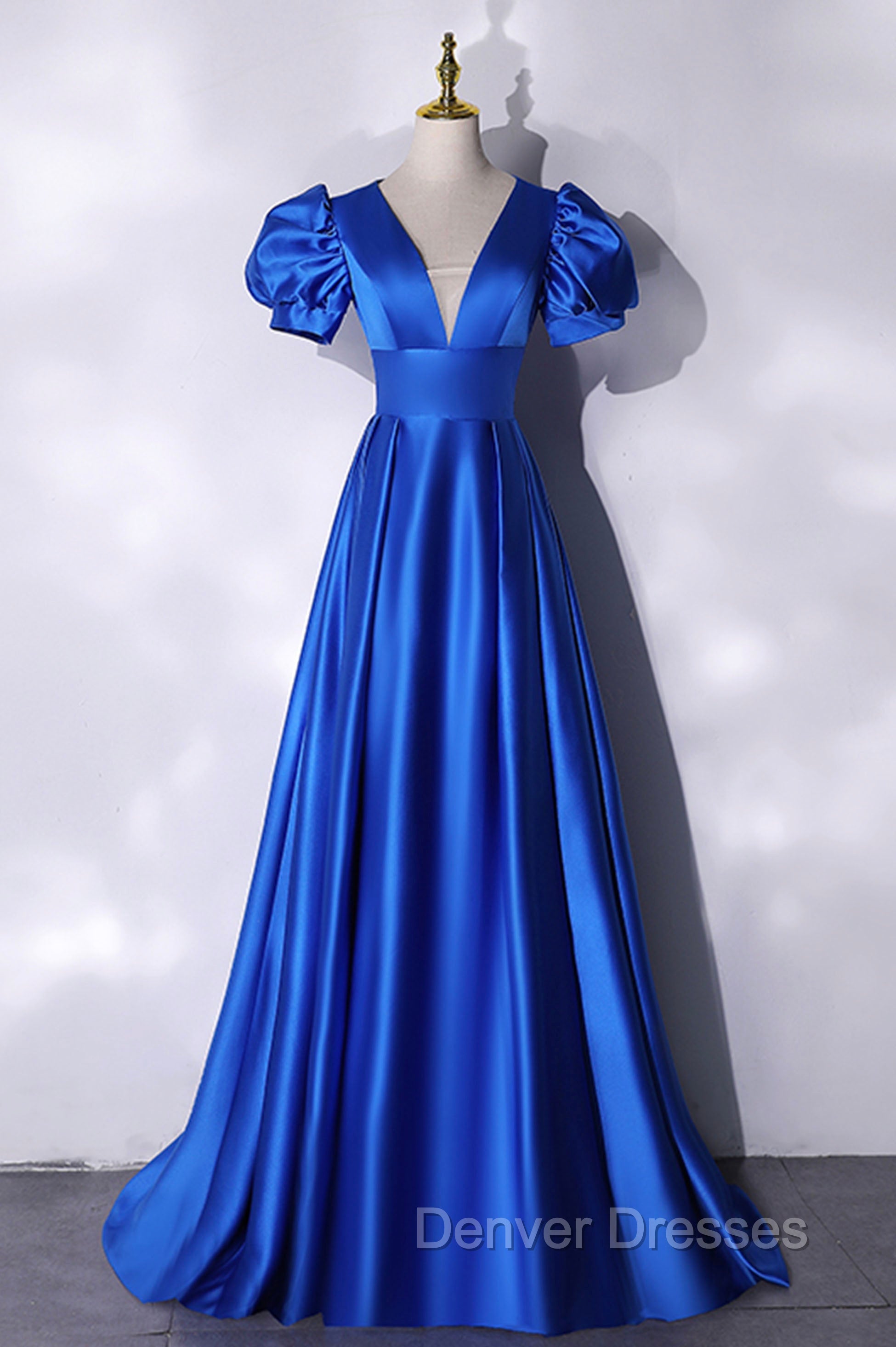 Blue V-Neck Satin Long Prom Dress, Simple Blue Evening Party Dress Main image