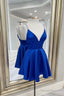 Blue V-Neck Satin Short Prom Dress,A-Line Cocktail Dresses Short Formal