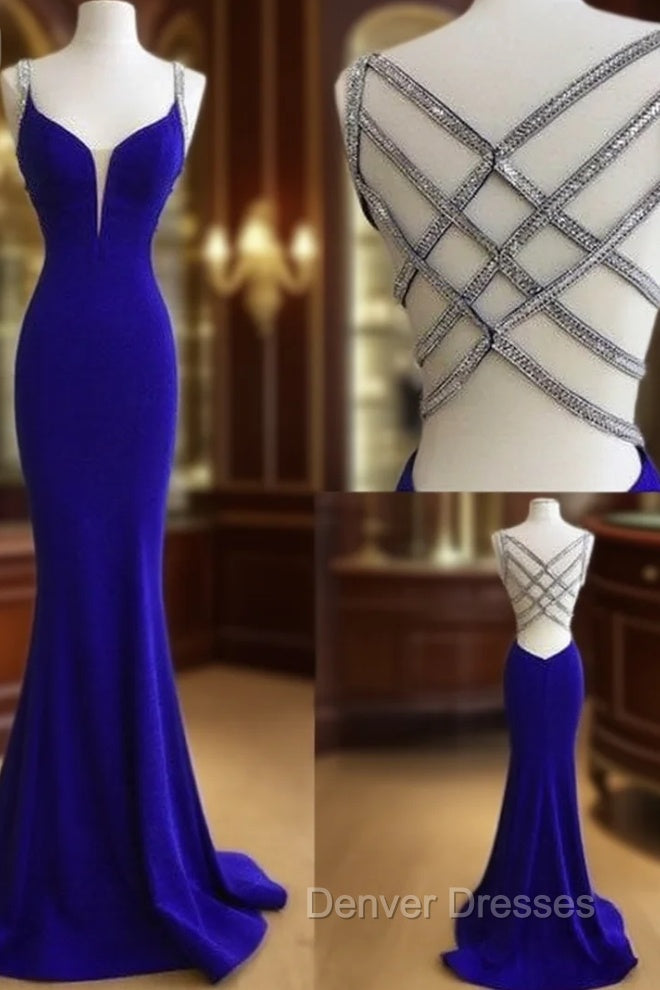 Blue V Neck Sequin Long Prom Dress, Unique Blue Evening Dress Main image