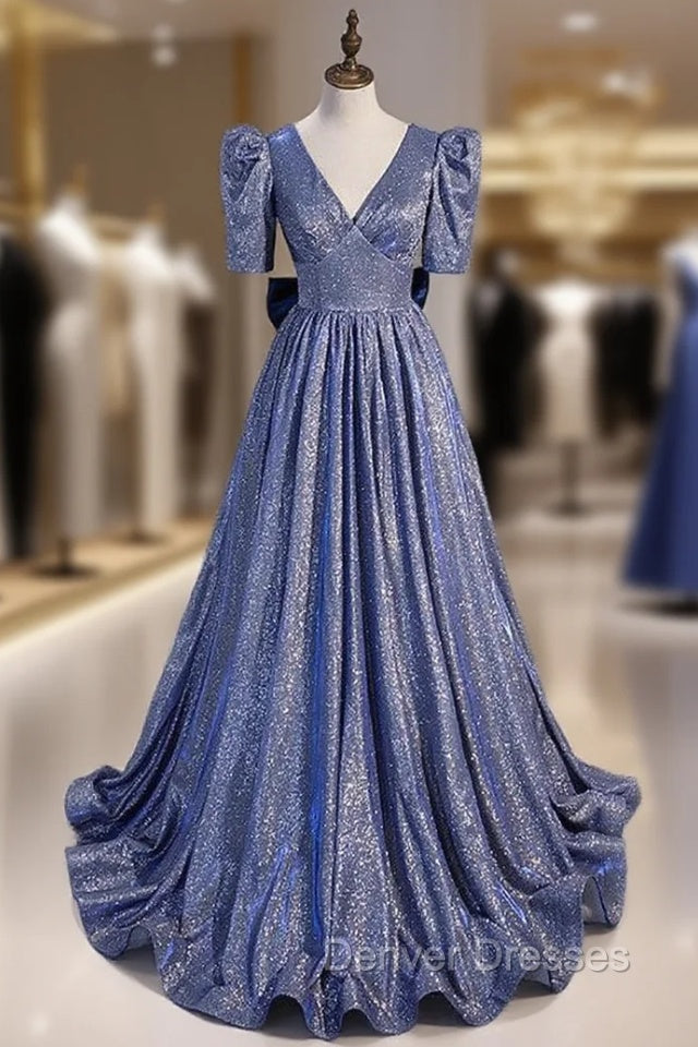 Blue V-neck Starry Gradient Cloth Short Sleeve Prom Dress Main image