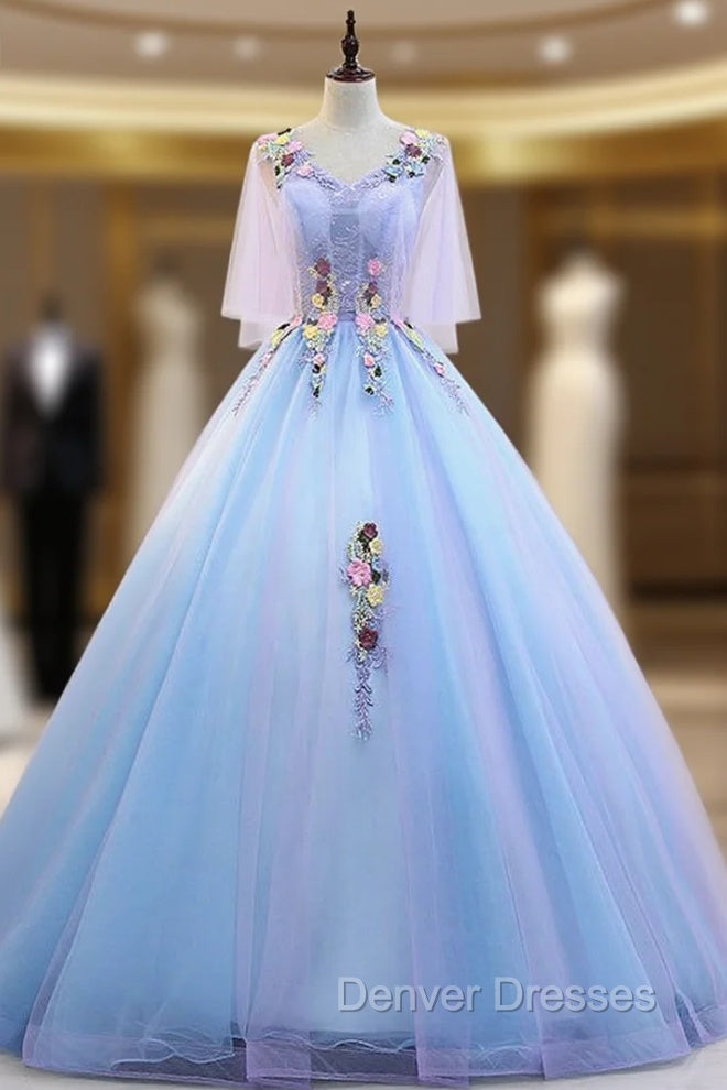Blue V-neck Tulle Appliques Beading Floor Length Quinceanera Dress Main image