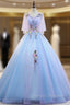 Blue V-neck Tulle Appliques Beading Floor Length Quinceanera Dress