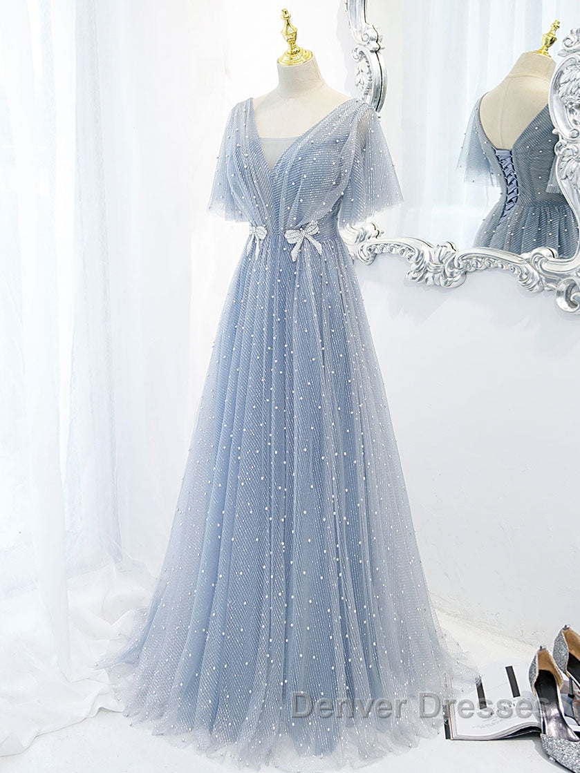 Blue v neck tulle beads long prom Dress, blue tulle formal Dress Secondary image