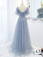 Blue v neck tulle beads long prom Dress, blue tulle formal Dress