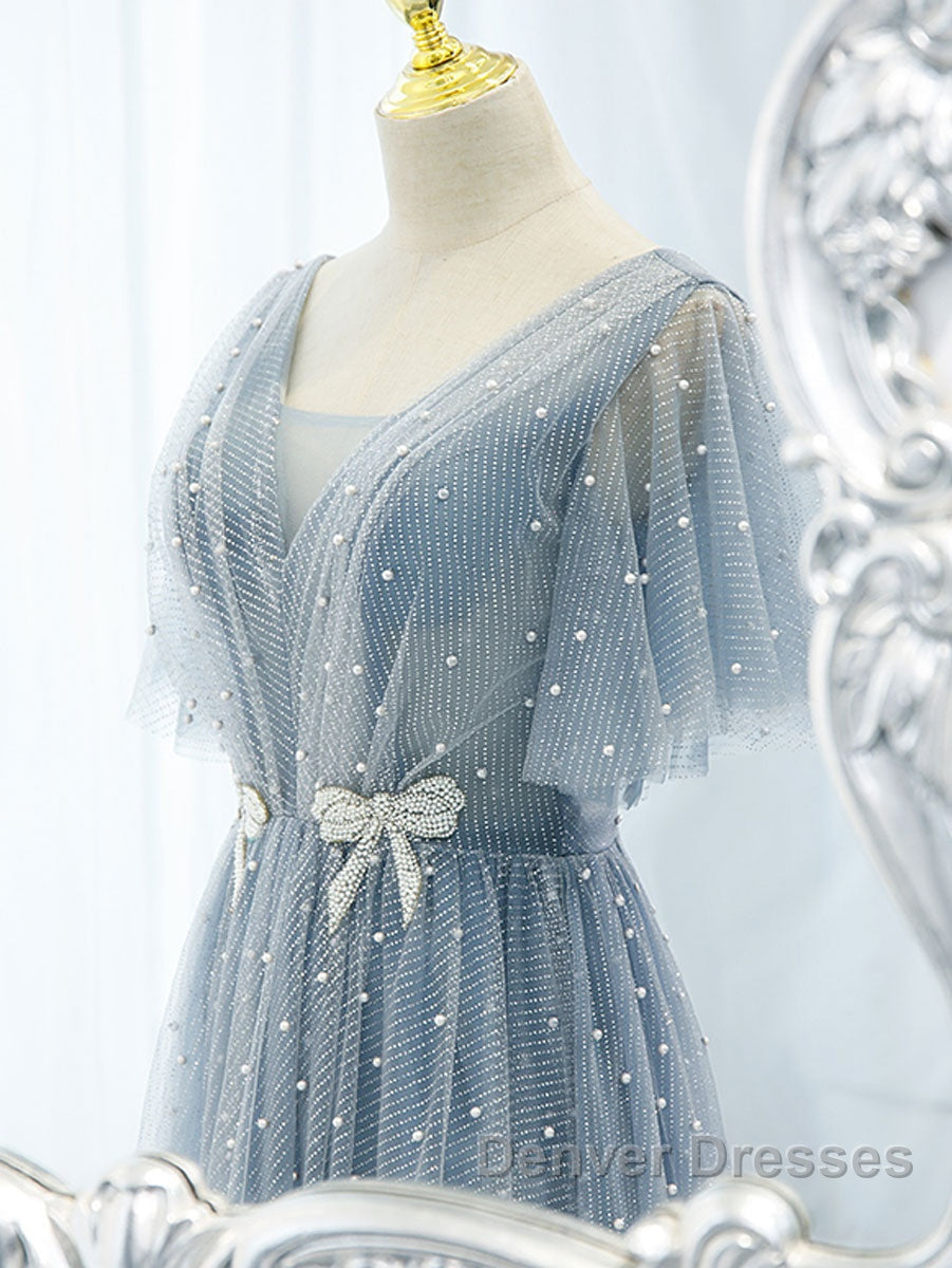 Blue v neck tulle beads long prom Dress, blue tulle formal Dress